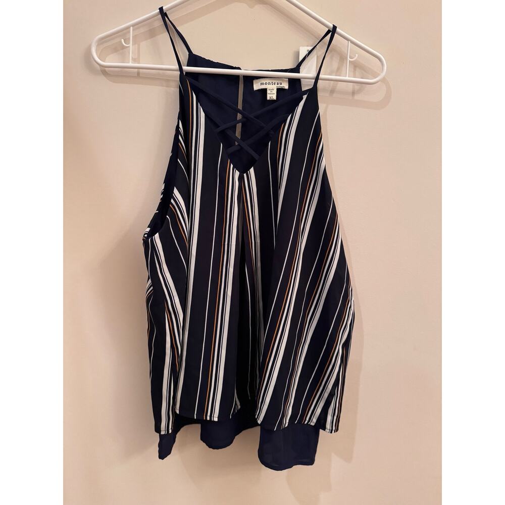 NWT Monteau Los Angeles Womens  XL Tank Cami Blouse Navy White Criss Cross New